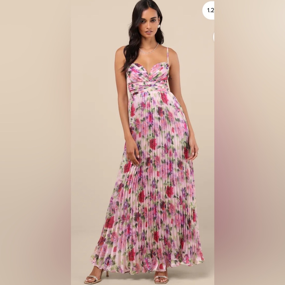 Lulus Samika Floral Pink Pleated Spaghetti-Strap Maxi Dress Size Medium